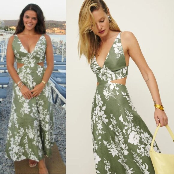 Reformation Samara Midi Dress Willow Green Floral Linen Cut Out Open Back Size 2 - Picture 9 of 11